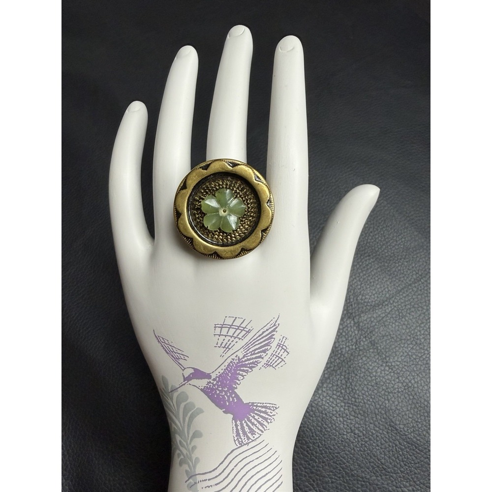 Vintage Button Ring Handmade Statement Brass Jade Green Flower Adjustable Chunky